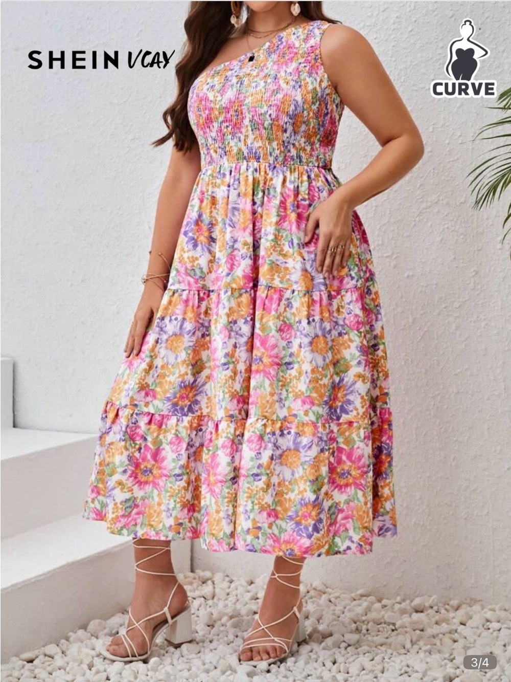 SHEIN Curve Multicolor Floral Smocked One-Shoulder Midi Dress